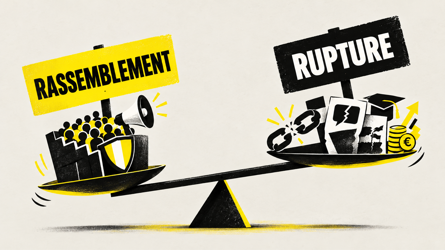 Balance symbolique opposant 'Rassemblement' et 'Rupture' sans personnes identifiables