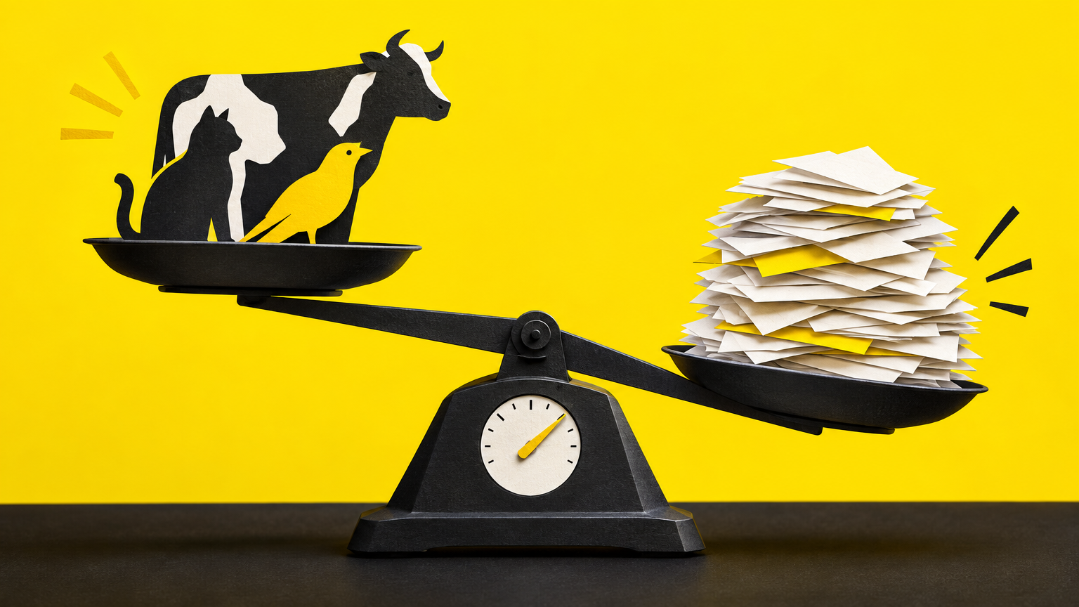 Balance de cuisine pesant silhouettes d'animaux en papier contre une pile de papiers représentant des parrainages