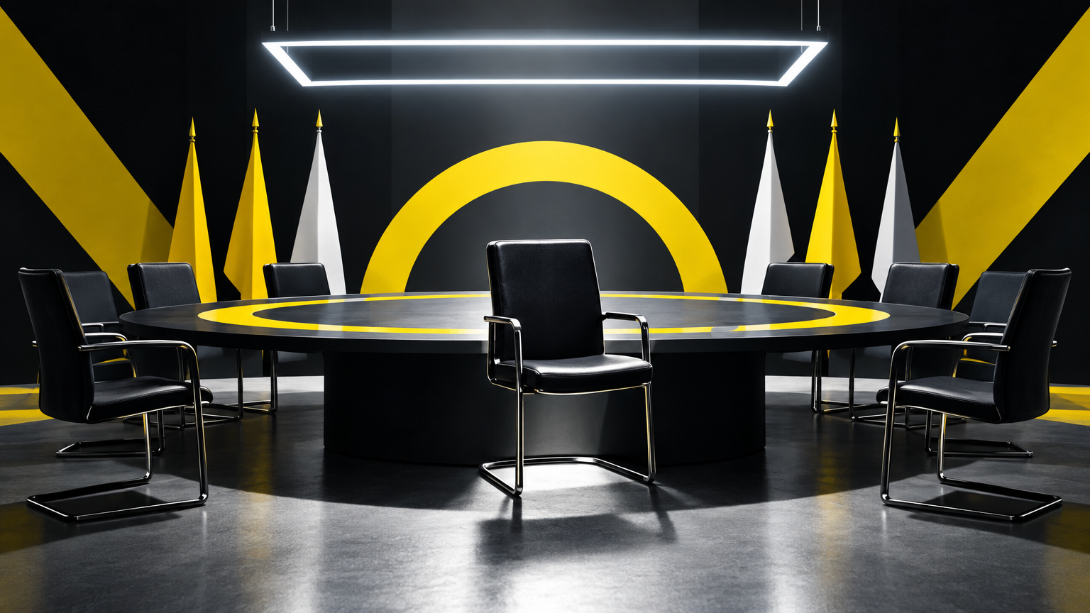 Table ronde vide, chaise centrale avancée sous un néon