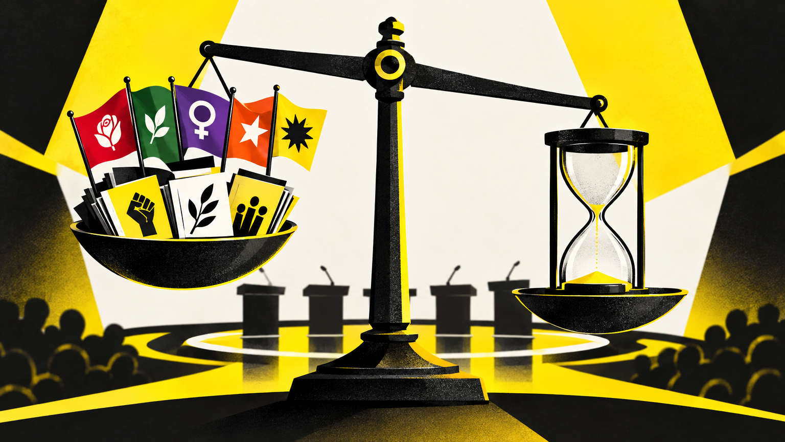 Balance symbolique avec documents de partis d’un côté et un sablier de l’autre, illustrant la décision et le temps qui presse