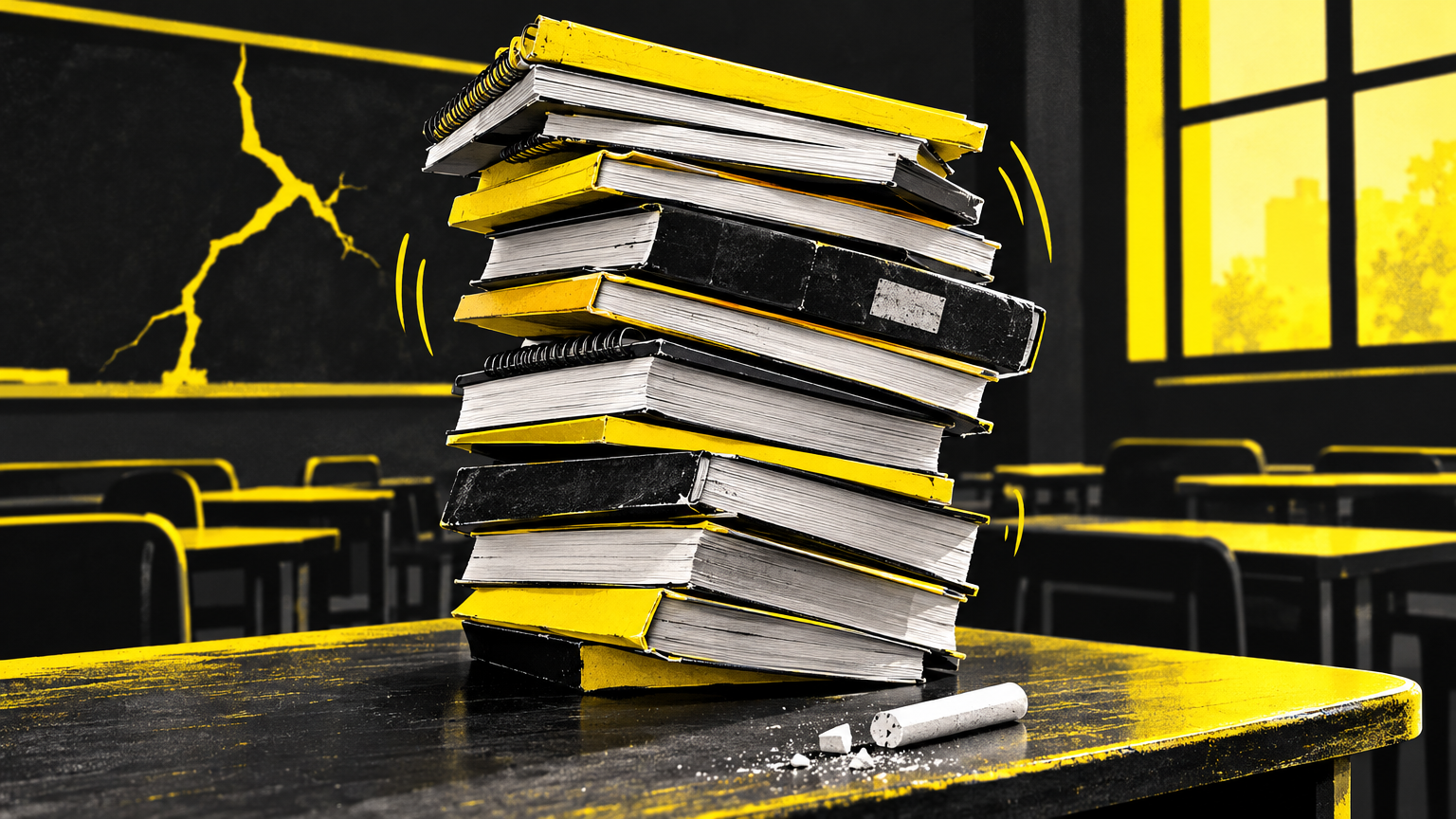 Pile de manuels scolaires instable sur un bureau vide, craie cassée à côté