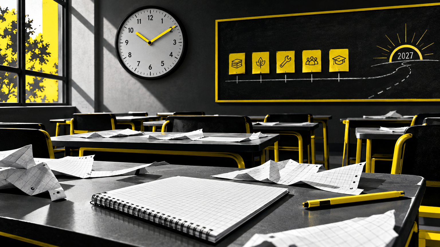Salle de classe vide avec horloge en gros plan et cahiers éparpillés, évoquant l'attente des décisions
