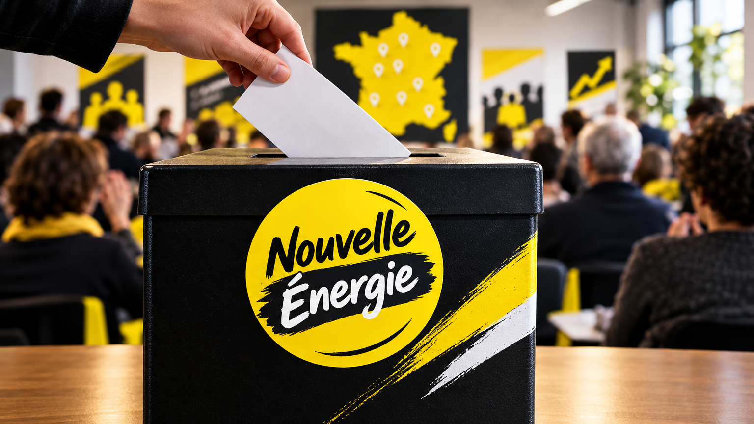 Urne stylisée avec autocollant « Nouvelle Énergie » et groupe d’adhérents flou en arrière‑plan.