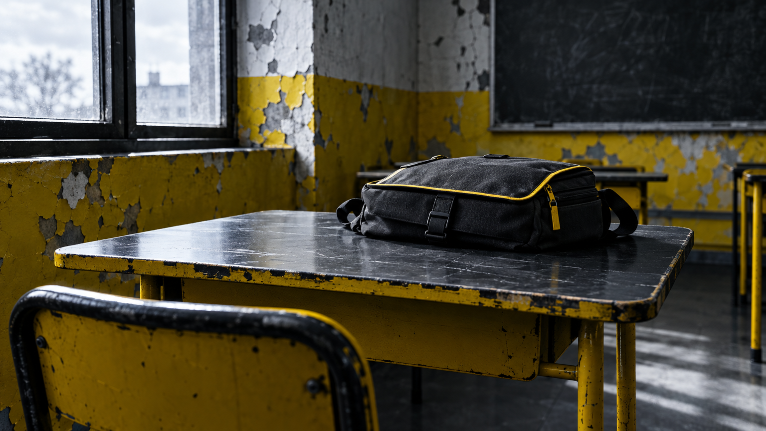 Un cartable posé seul sur un banc d'école vide dans une salle aux murs abîmés, symbole du fossé entre la jeunesse et les institutions.