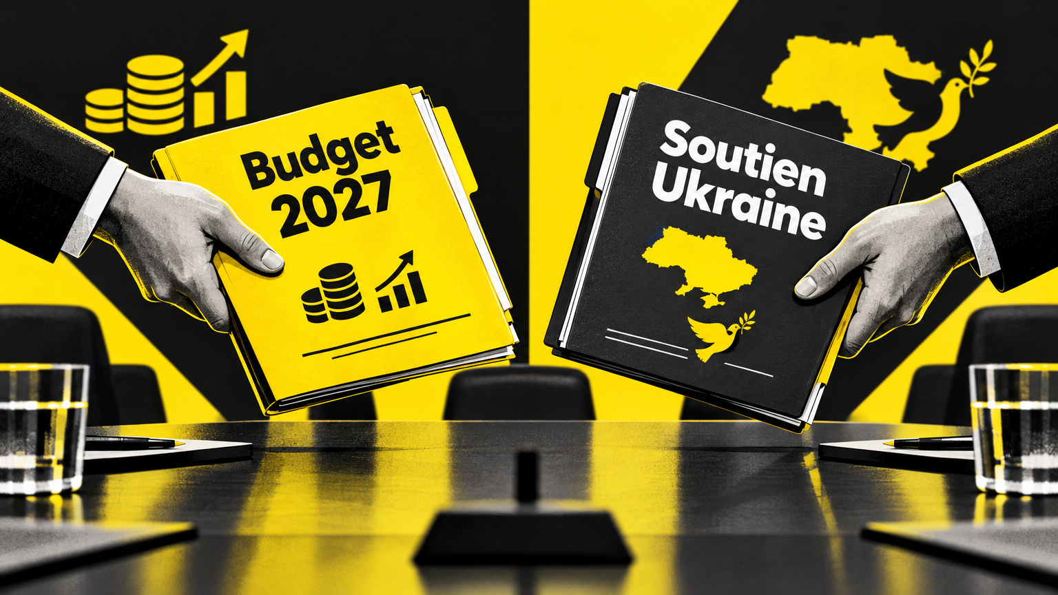 Deux mains sur une table se disputant des dossiers marqués « Budget 2027 » et « Soutien Ukraine ».
