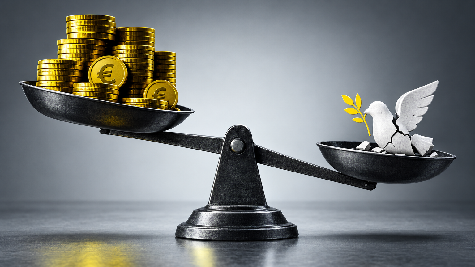 Balance penchée entre piles de pièces euros et une colombe brisée, métaphore du choix budget/solidarité