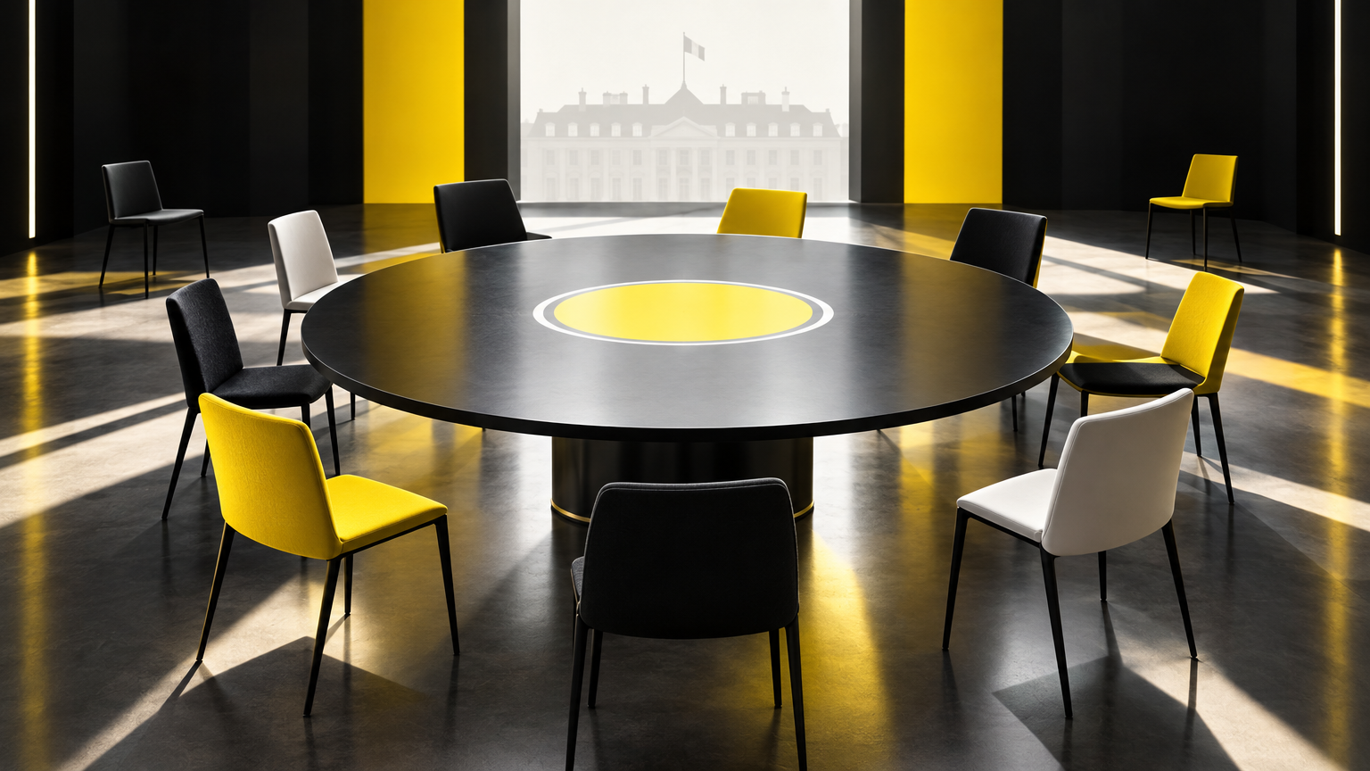 Table ronde vide avec plusieurs chaises disposées de façon inégale, symbolisant de nombreuses candidatures à la présidentielle 2027.