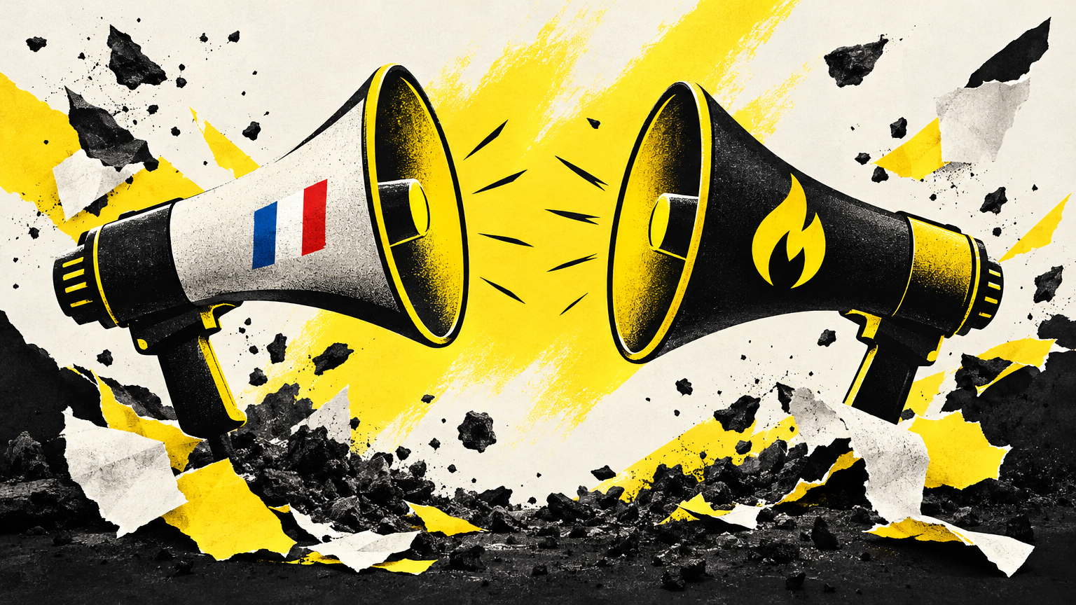 Deux mégaphones opposés, papiers déchirés et cendres en arrière‑plan.