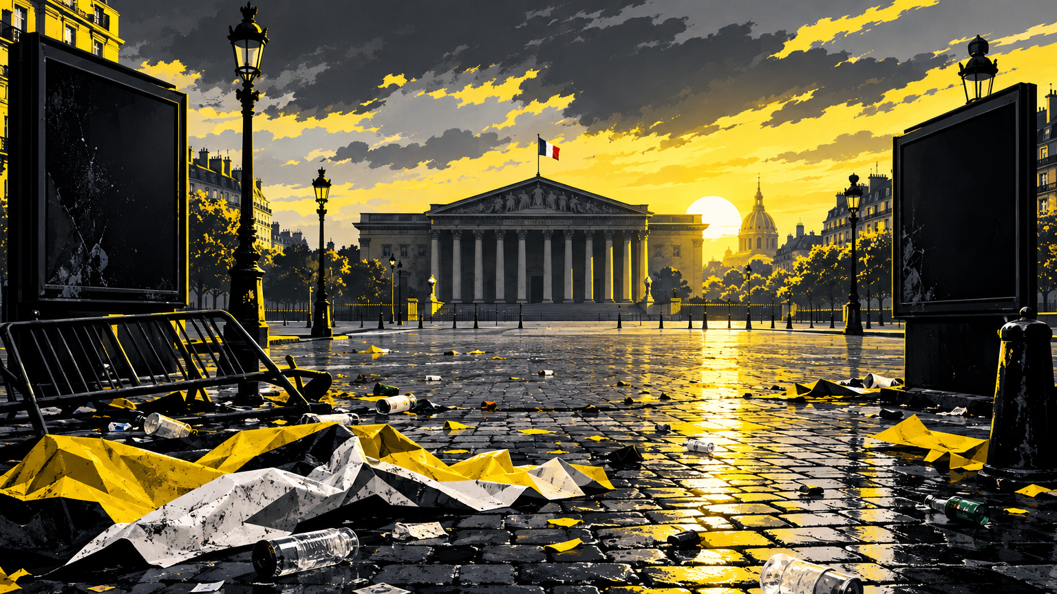 Place urbaine vide au petit matin, traces d'une manifestation nocturne