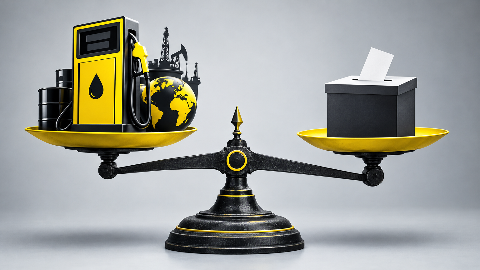 Balance symbolique avec une pompe à essence d'un côté et une urne électorale de l'autre, représentant le lien entre prix du carburant et enjeux politiques.