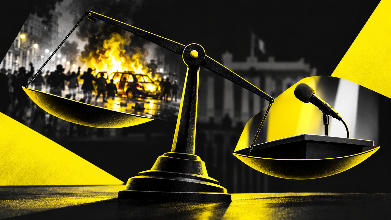 Balance symbolique entre violences de rue et discours politique, illustrant le basculement du débat public vers la question de l'ordre.