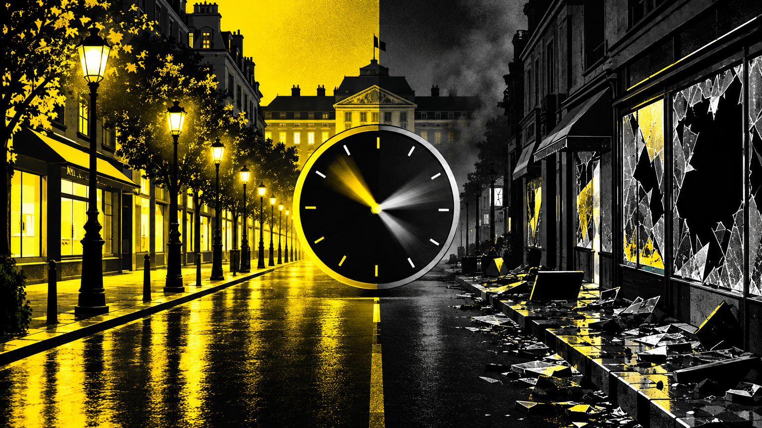 Ville nocturne divisée, vitrines brisées et horloge floue symbolisant la crise et l’enjeu temporel avant la présidentielle