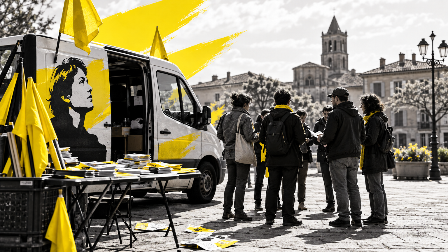 Camionnette de campagne sur une place de village, militants discutant autour, tracts et drapeaux visibles.