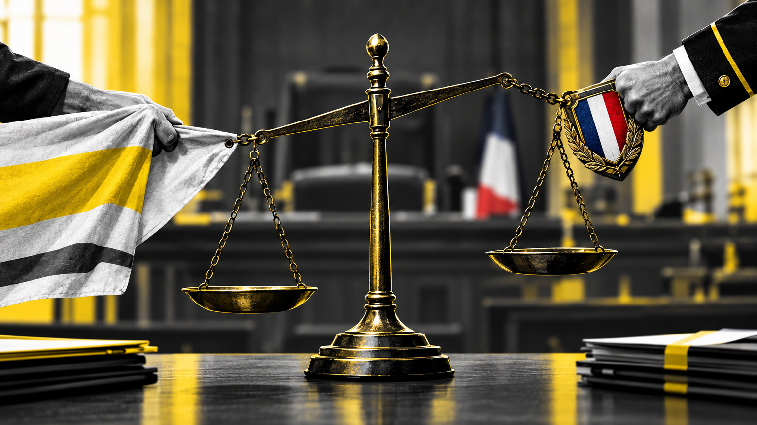 Balance de la justice tirée par deux mains tenant une banderole et un insigne