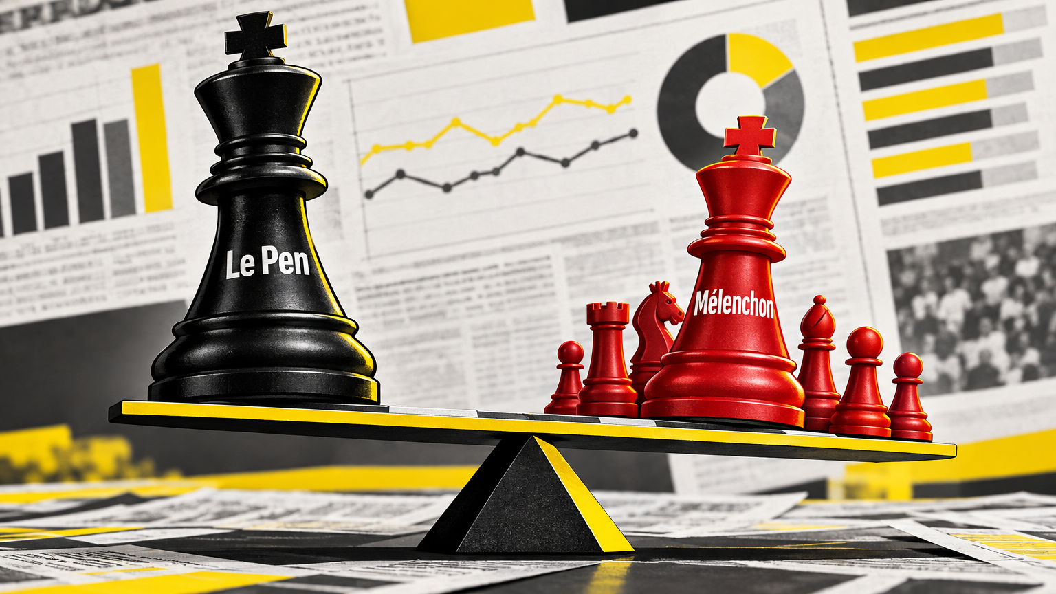 Metaphore visuelle : pièces d'échecs représentant Le Pen et Mélenchon et graphiques de sondages en arrière-plan.