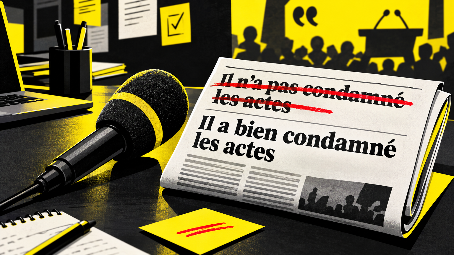 Micro de studio et manchette de journal avec une ligne de titre barrée en rouge