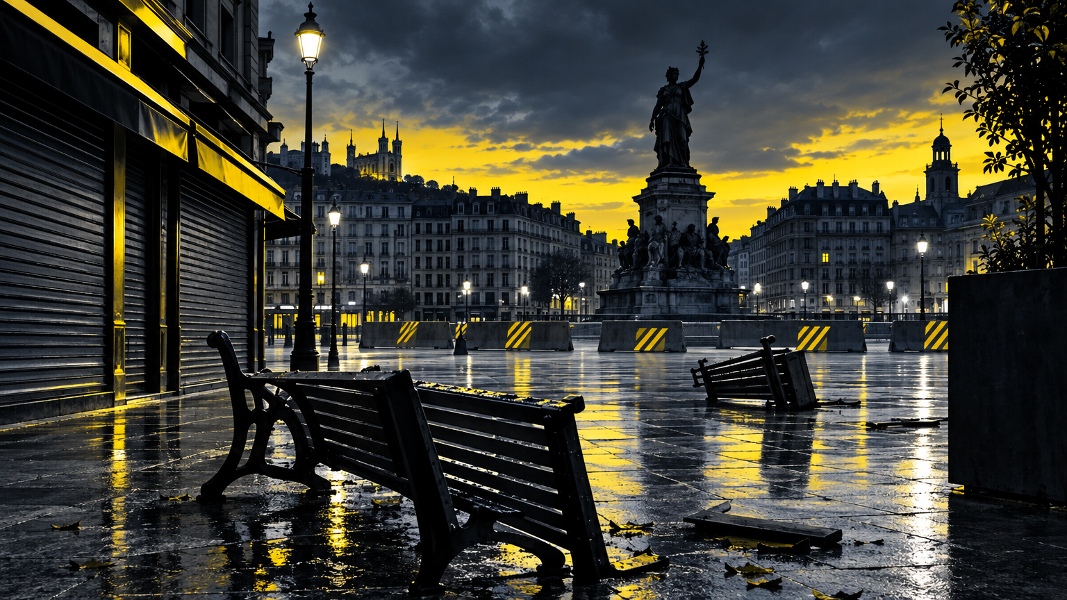 Place de centre‑ville désertée au crépuscule, devantures fermées et bancs renversés, sans personnes visibles.