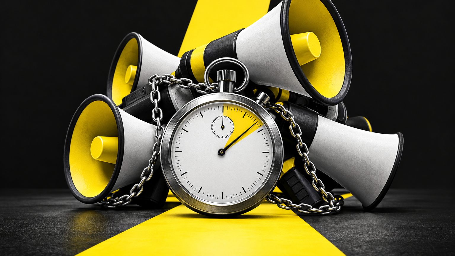 Chronomètre posé devant des mégaphones enchaînés, sans personnes ni logos