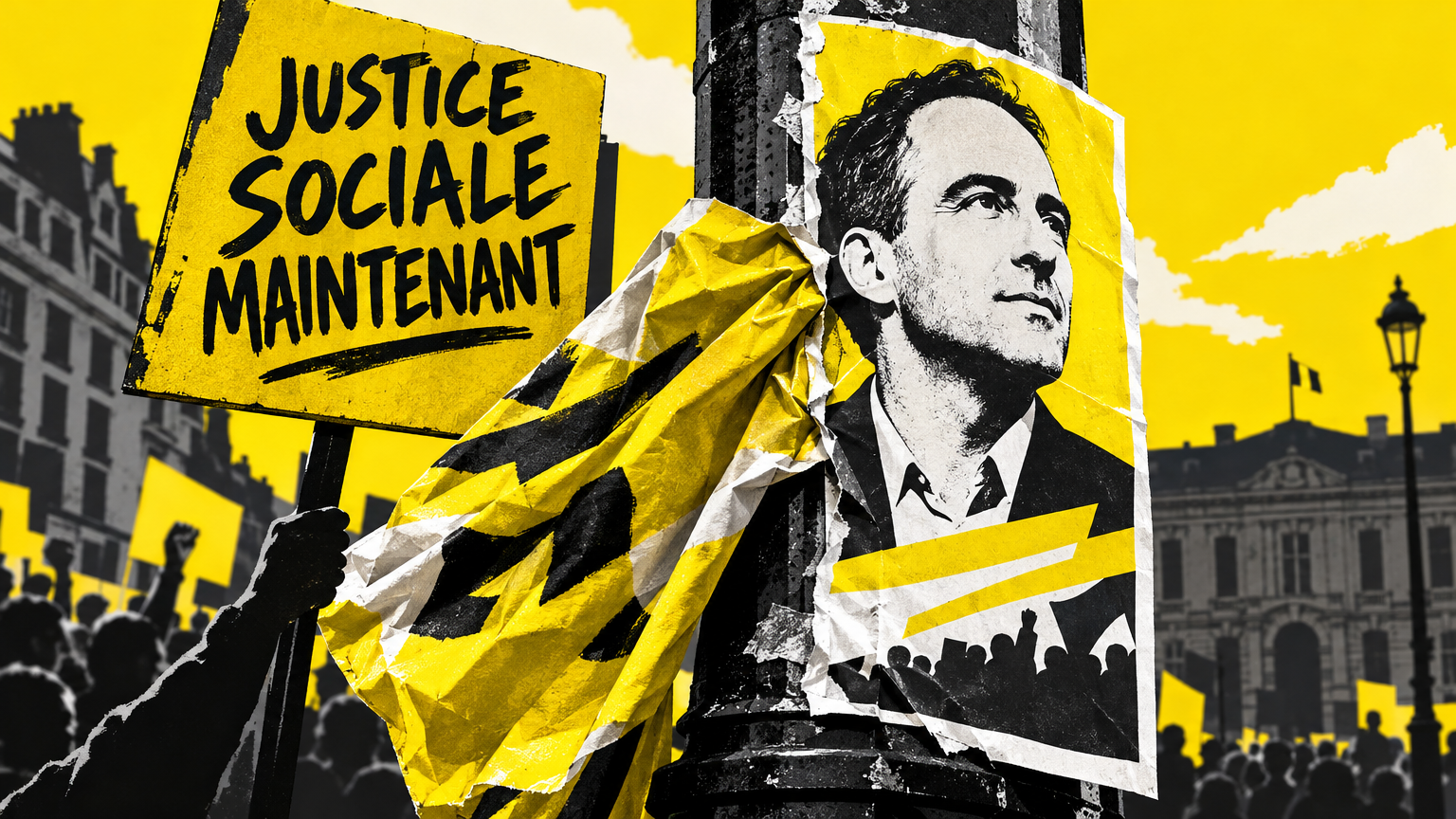 Banderole froissée entre pancarte de manifestation et affiche de campagne, symbolisant la tension entre mobilisation sociale et campagne électorale