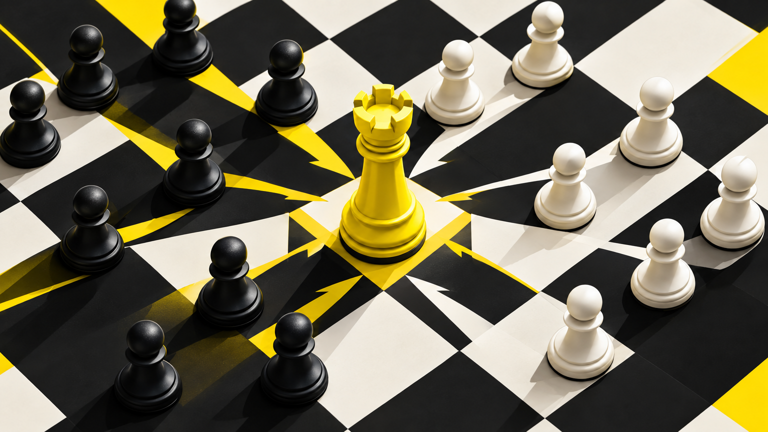 Échiquier vu du dessus avec une pièce centrale entourée de pions de deux couleurs se dirigeant vers différents camps