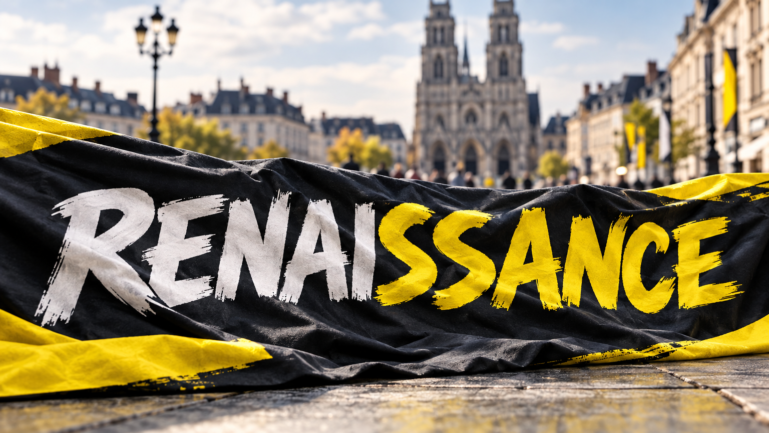 Banderole avec le mot «Renaissance» posée en gros plan sur un fond urbain flou